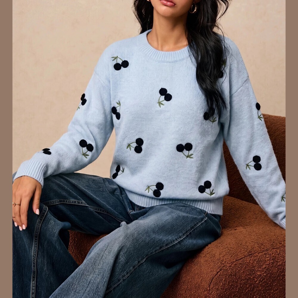 Sky Blue Black Cherry Embroidered Crew Neck Knit Sweater